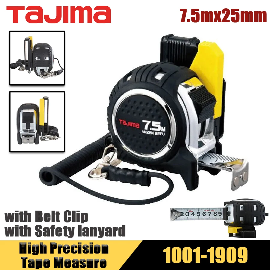 

TAJIMA 1001-1909 Высокоточная рулетка 7,5 м x 25 мм с зажимом для ремня и страховым ремешком Износостойкие двухсторонние масштабные инструменты