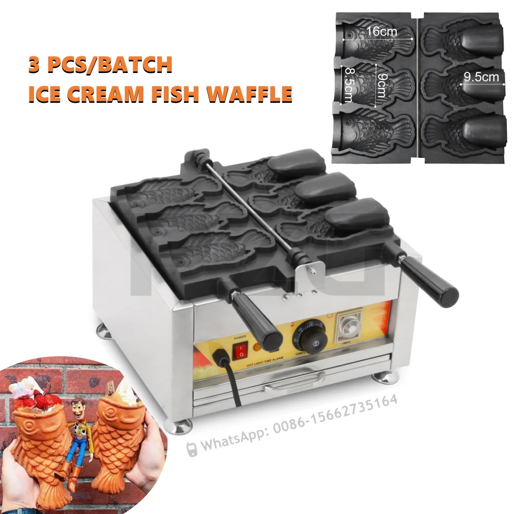 Fast Food Hocheffiziente Eis-Taiyaki-Maschine, 3-teilig, große Fischform, Kuchenform, offener Mund, Taiyaki-Maker, Bäckermaschine