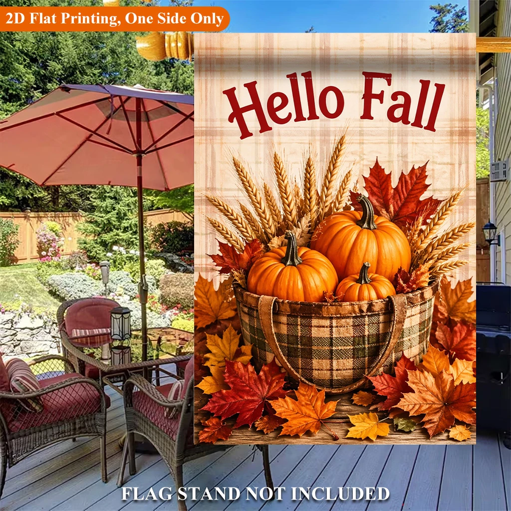 1pcs Hello Fall Pumpkin Garden Flag Rustic Plaid Autumn Harvest Thanksgiving Yard Flag Outdoor Fall Decor