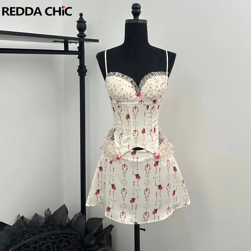 

ReddaChic Petite женский корсет с бантом, топ и юбка, комплект, романтический лоскутный укороченный топ с розовым принтом, мини-юбка трапециевидной формы, милая летняя одежда