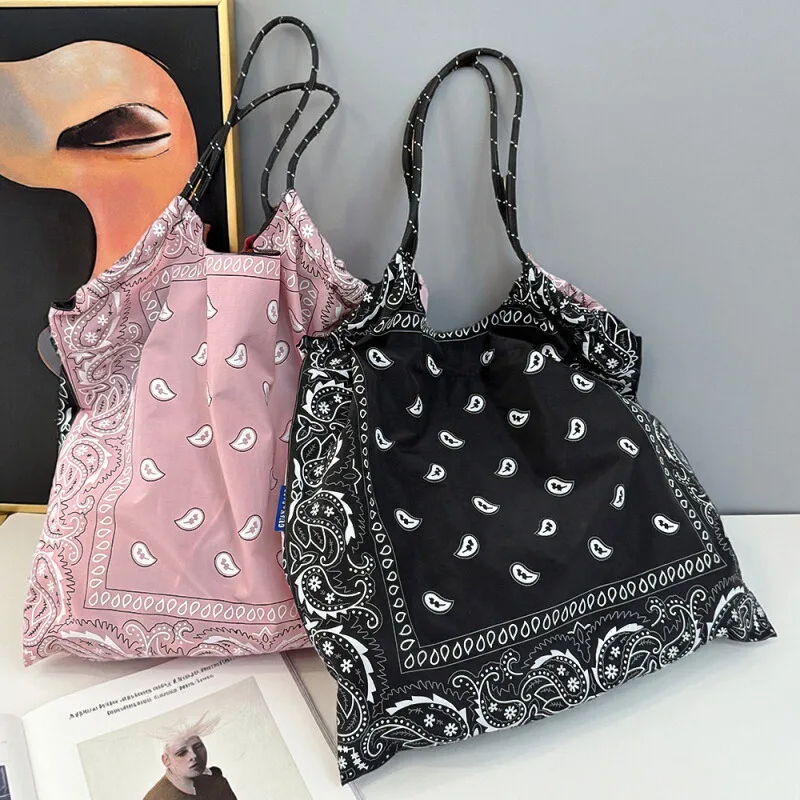 Ethnic Style Large Capacity Nylon Double-Sided Tote Bag Commuter Shoulder Bag Handbag with Cord Closure for All Gender