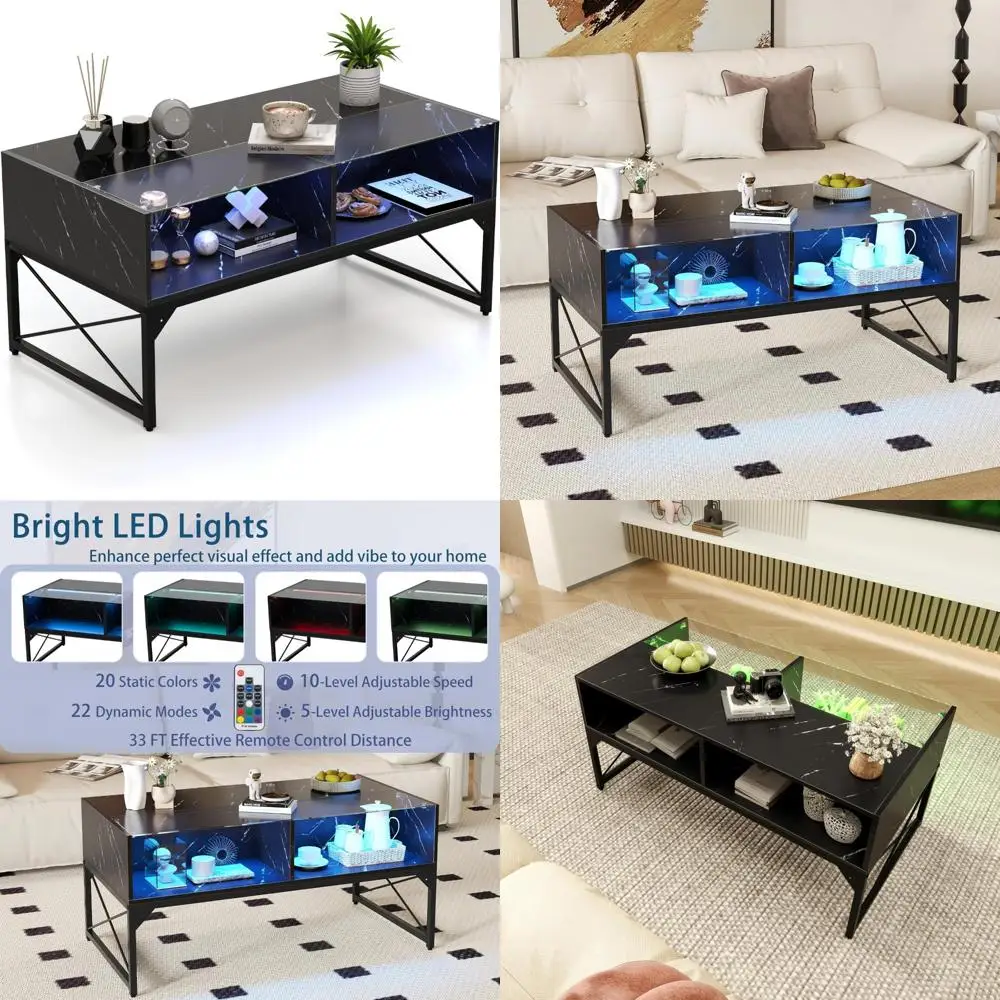 

LED Coffee Table with Faux Marble Top and Tempered Glass, High Glossy Center Table, 4 Storage Cubes, Adjustable Light Color