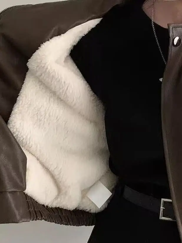 2025 Autumn Winter Thiened Fce Lined PU Leather Jaet Women's Loose ort Outerwear Korean Sle Warm Straight Cut