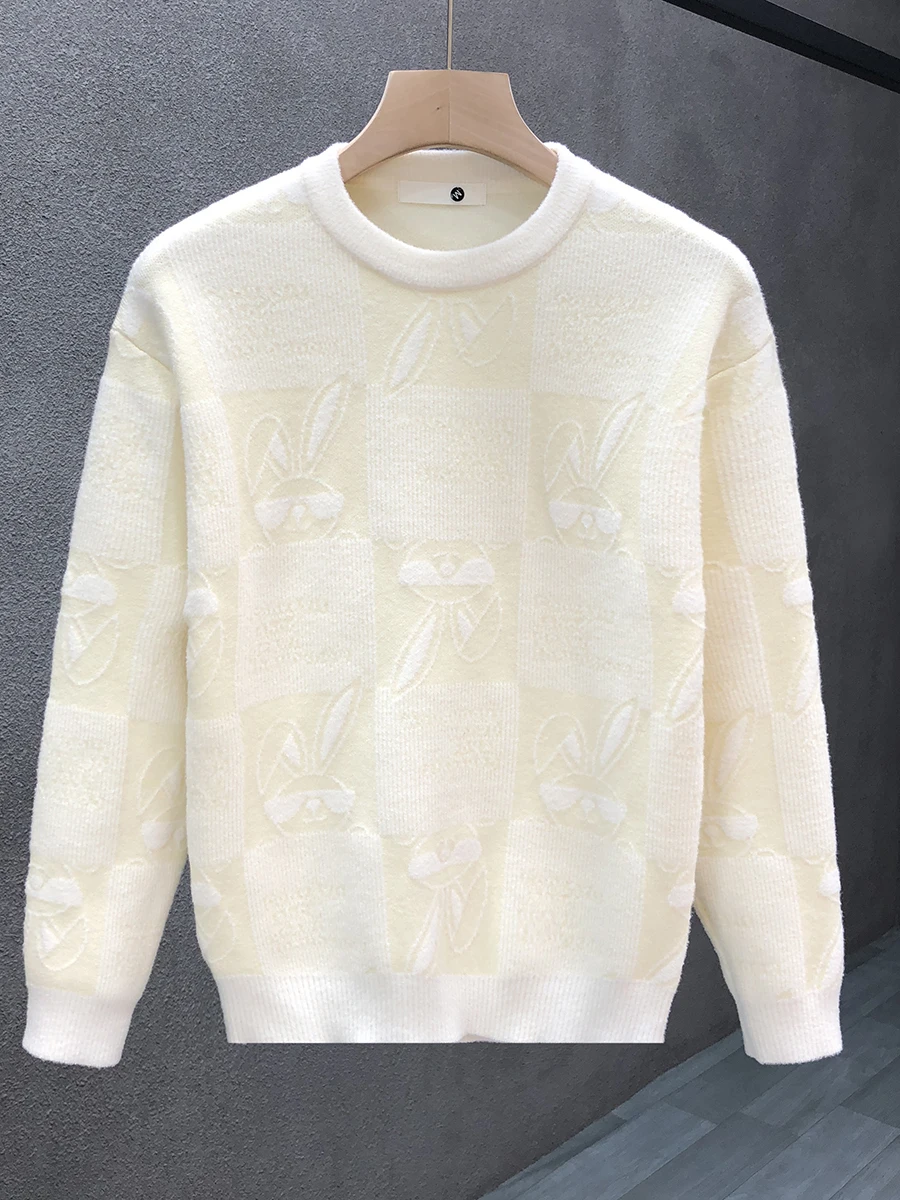 

Модный свободный мужской вязаный свитер с круглым вырезом и вышивкой в виде кролика, осенне-зимняя новинка, удобный, из полиэфирного волокна