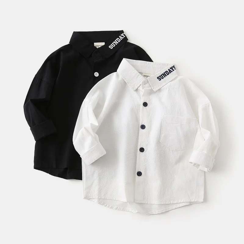 2025 otoño nueva edición coreana para niños Color sólido bebé hombro ancho bordado camisa blanca tendencia