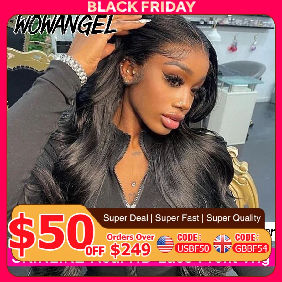 Wow Angel 250% 밀도 13x6 HD 레이스 프론트 가발, 바디 웨이브, 녹은 스킨, 13x4 HD 레이스 풀 프론트 가발, 미리 뽑은 인모 가발