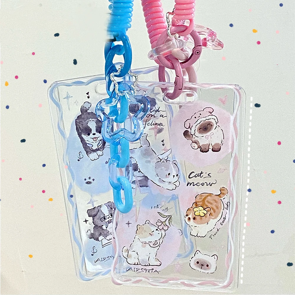 New Cartoon Photocard Holder Bag Charm With Spring Lanyard Transparent Acrylic Card Cover Case Anti-lose Bus ID Card Holder