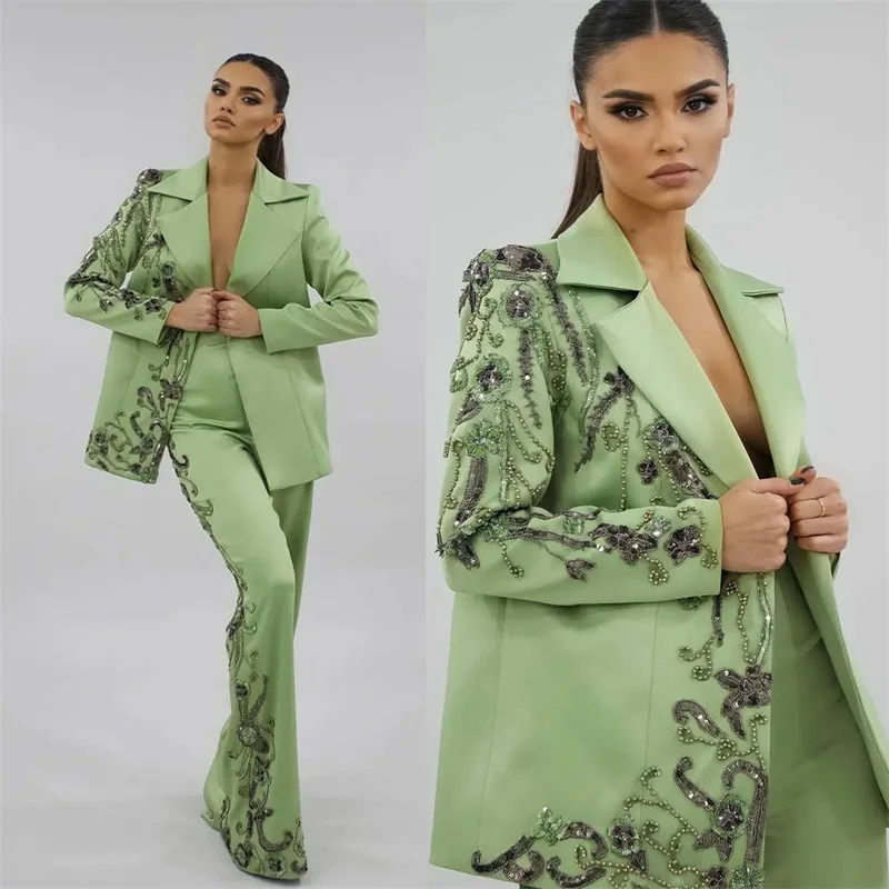 Designer Green Vrouwen Suits Set Luxe Kralen Applicaties Formele Avond Party Prom Dress 2 Stuks Blazer + Broek Custom gemaakt