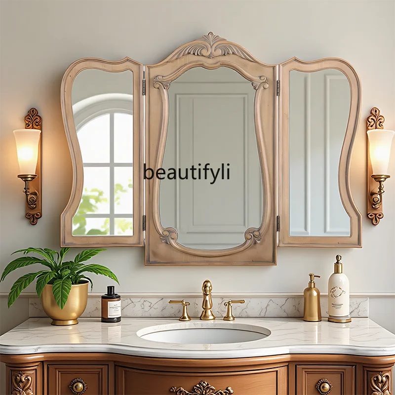 

French Retro Dressing Table Desktop Folding Makeup Mirror Vintage Bathroom Fireplace Decorative Mirror