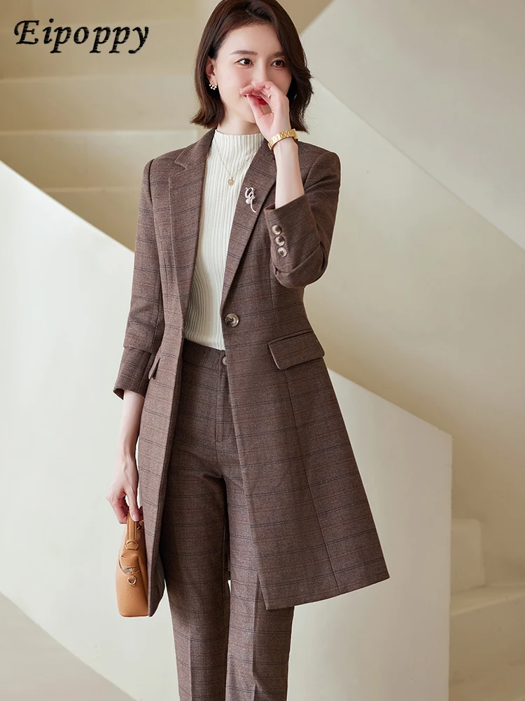 Women Work Business Wear Pant Suit Red Blue Black Coffee Plaid Long Blazer 2 Pieces Set Female Office Ladies Jacket and Trouser