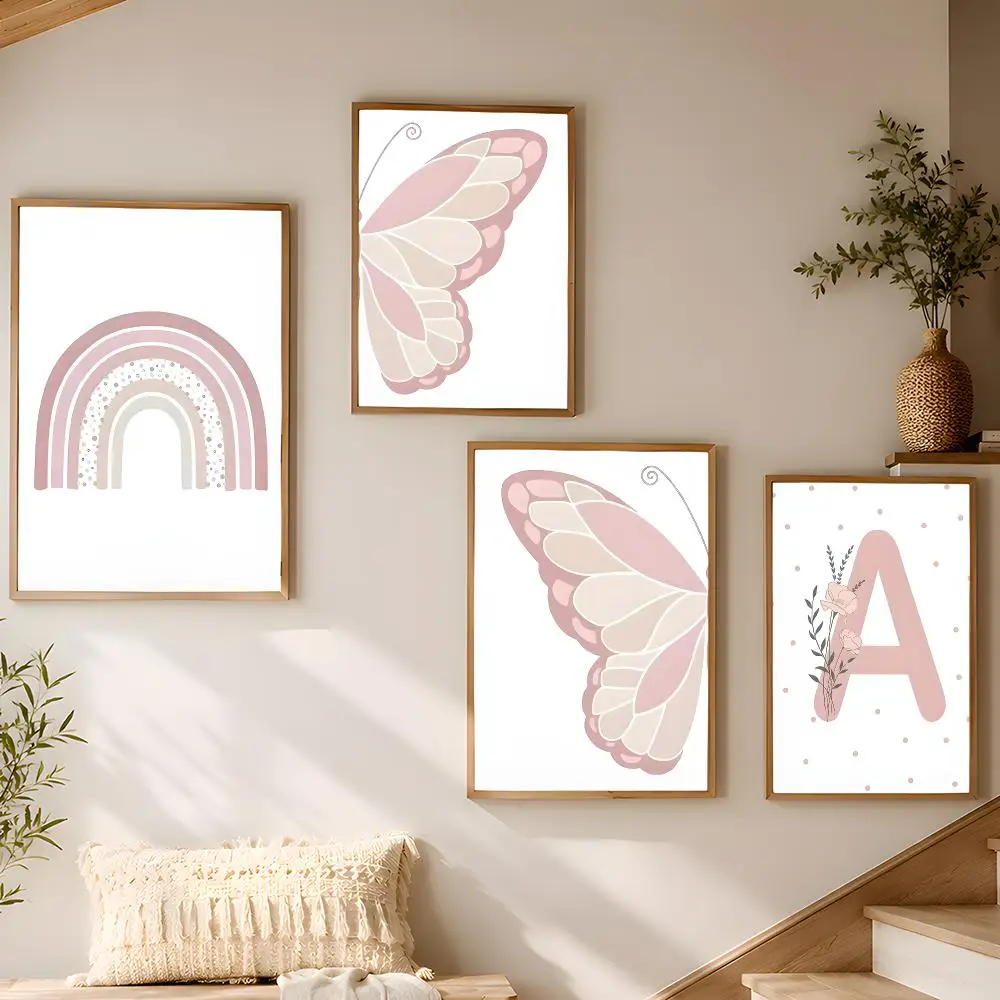 Pink Butterfly Nursery Sun Rainbow Daisy Heart Painting Calligraphy Canvas Poster Art for Bedroom Room Home Decor Wall Decals