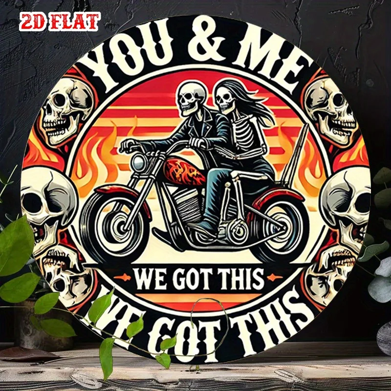 2D Flat, 1pc 1pcs Retro Biker Metal Sign Suitable for Home, Garage, Cafe - 1pc Round Aluminum Skull & Rebel Wall Decor Sign, Vin