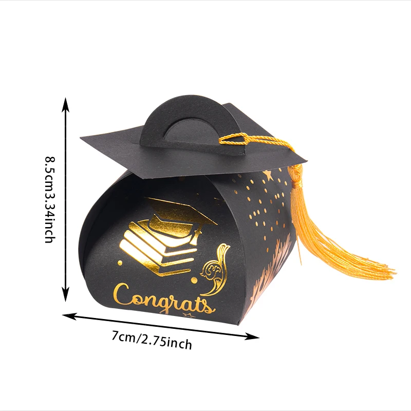 5pcs Grad Cap Shape Gift Box Black gold Gift Box Candy Chocolate Paper Boxes Celebration Graduation Party Decoration Supplies