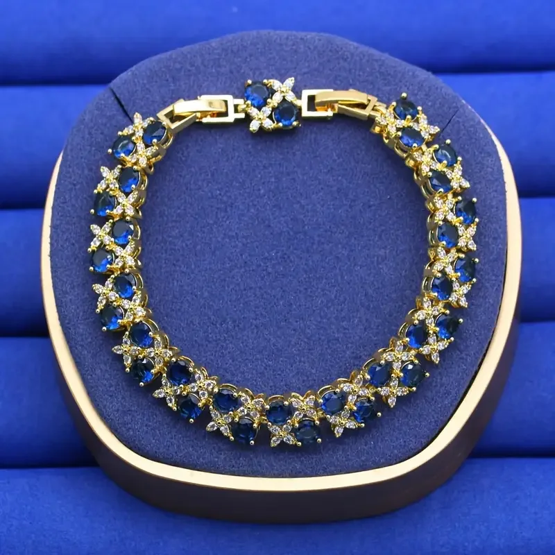 Luxuriöses Vintage-Armband mit blauem Zirkonia, 18 Karat vergoldet, Schmuck für Frauen, perfekt für Hochzeiten, Partys, Valentinstagsgeschenk – Detail 2