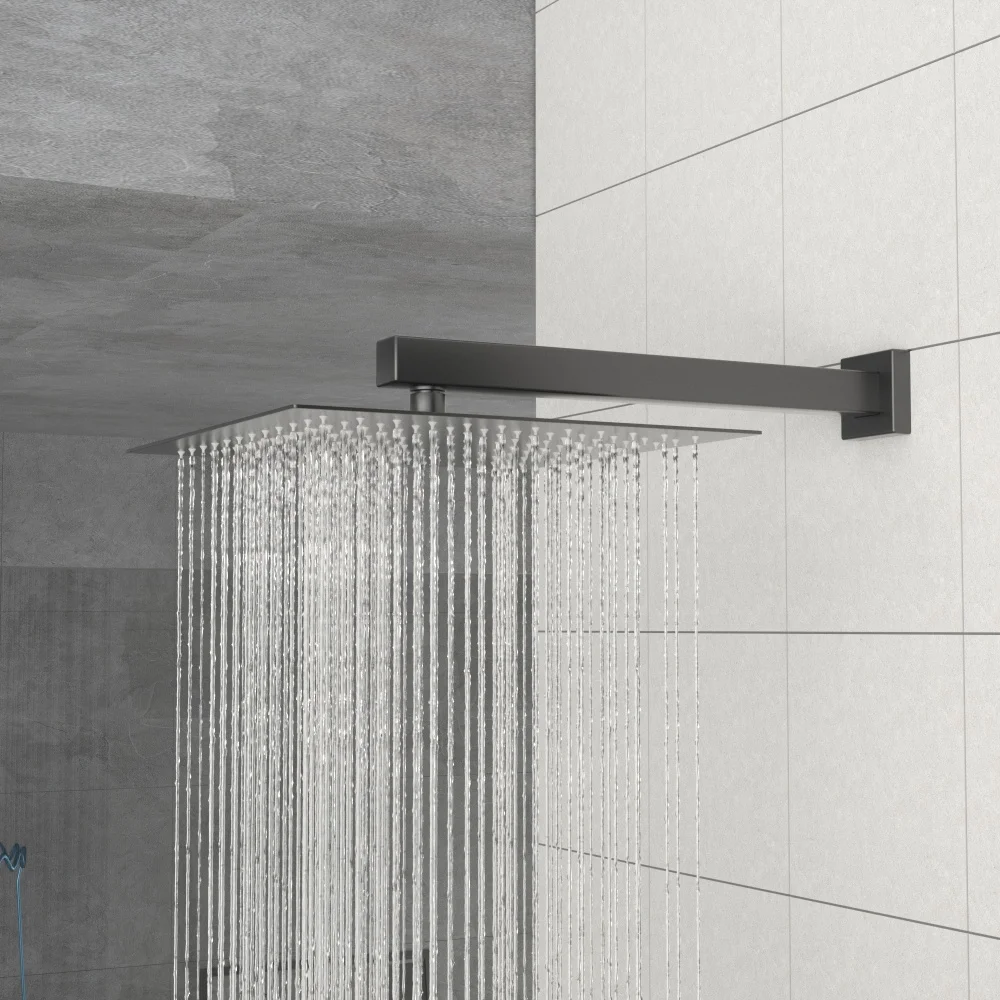 

16" Wall Mounted Shower Arm with Flange Matte Black Fixed Bathroom Rainfall Showerhead Adjustable Swivel Ball Joint