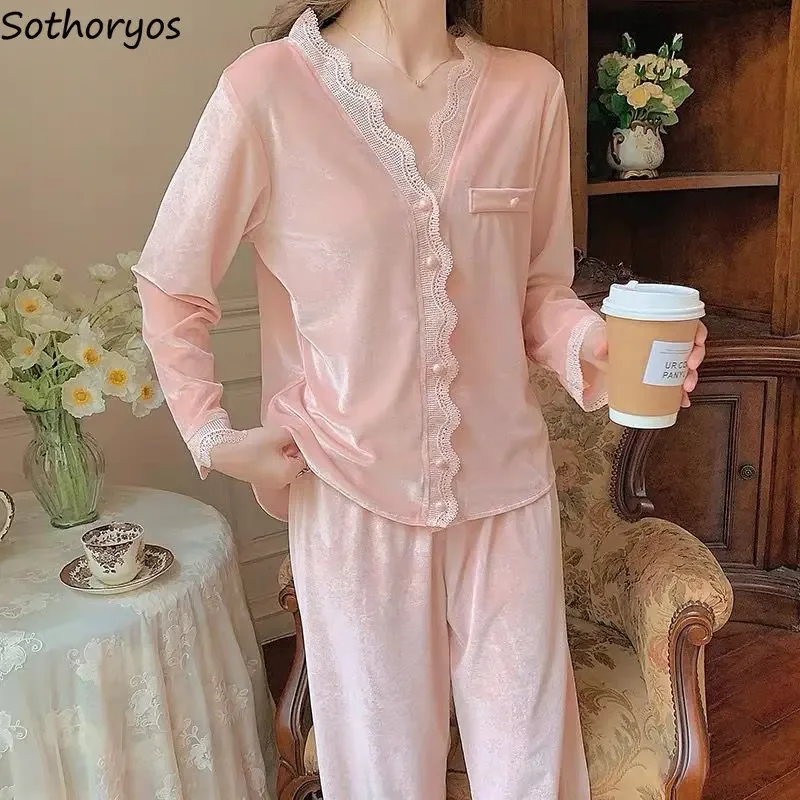 Pajama Sets Women Solid Lace Sexy Daily Creativity Ladies All-match Cozy Leisure Delicate Tender Simple Korean Style Autumn Ins