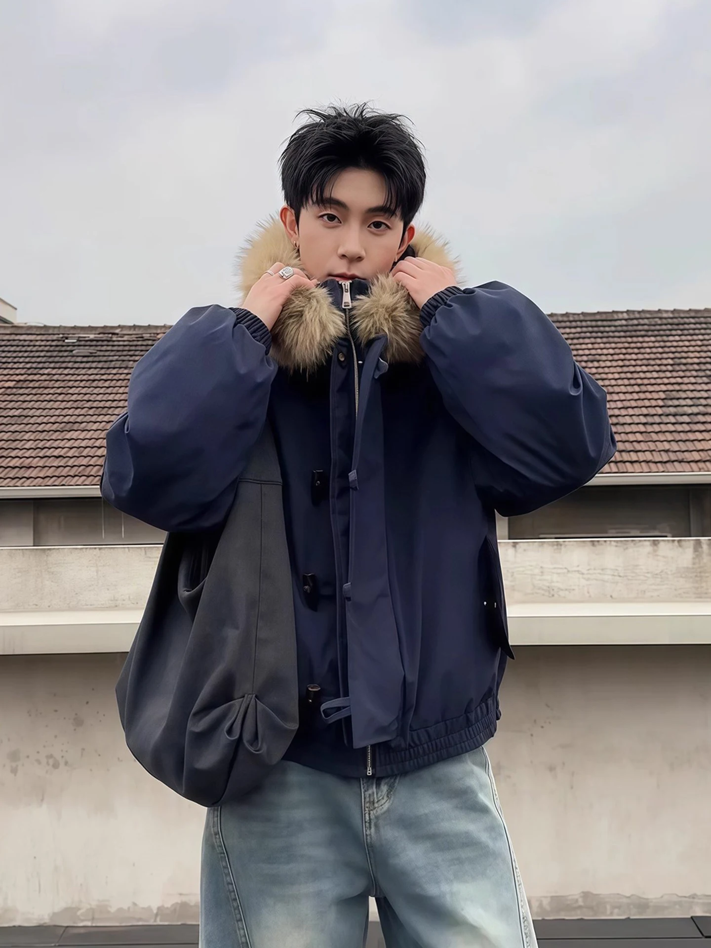 

Мужская зимняя куртка с капюшоном и воротником из овечьего меха, утепленная, класса люкс, для защиты от северо-восточных холодов