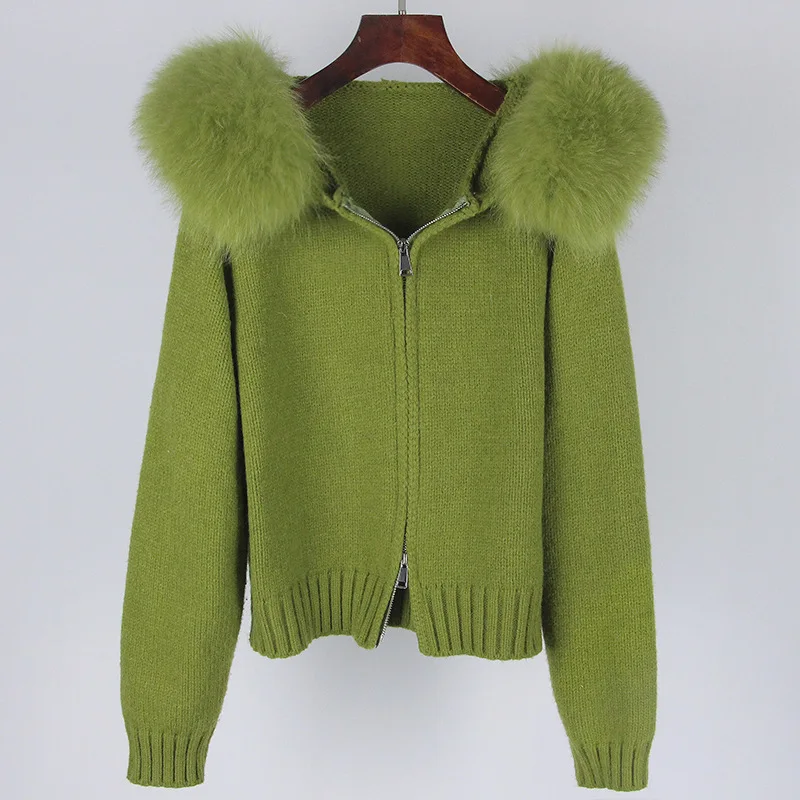 

Free Shipping 2023 New Fashion Green Red Black Real Fox Fur Collar Coat Outerwear With Winter Sweatshirt Open Coat For Women