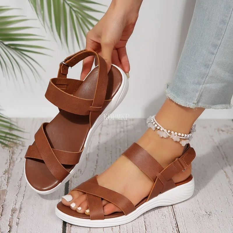 Women Sandals Fashion Cross Trend Anti-slip Wear Comfortable Matching Sole Pure White Shoelace Wedge Sandals Platform Sandals