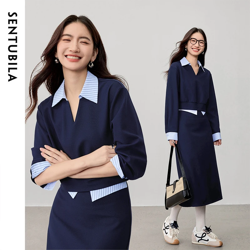 

SENTUBILA Women's Mock Two-Piece Set Cropped Knit Top & A-Line Skirt 2025 Autumn Minimalist Commuter Outfit 153ZH2461