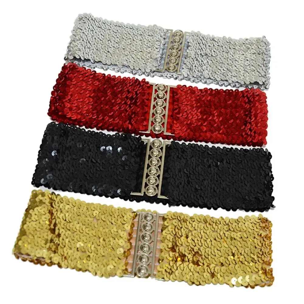 Sparkling Sequined Wide Corset Belt Wide Elastic Metal Buckle Waist Corset Belts Corset Belt Decorative Elastic Waspie Belt