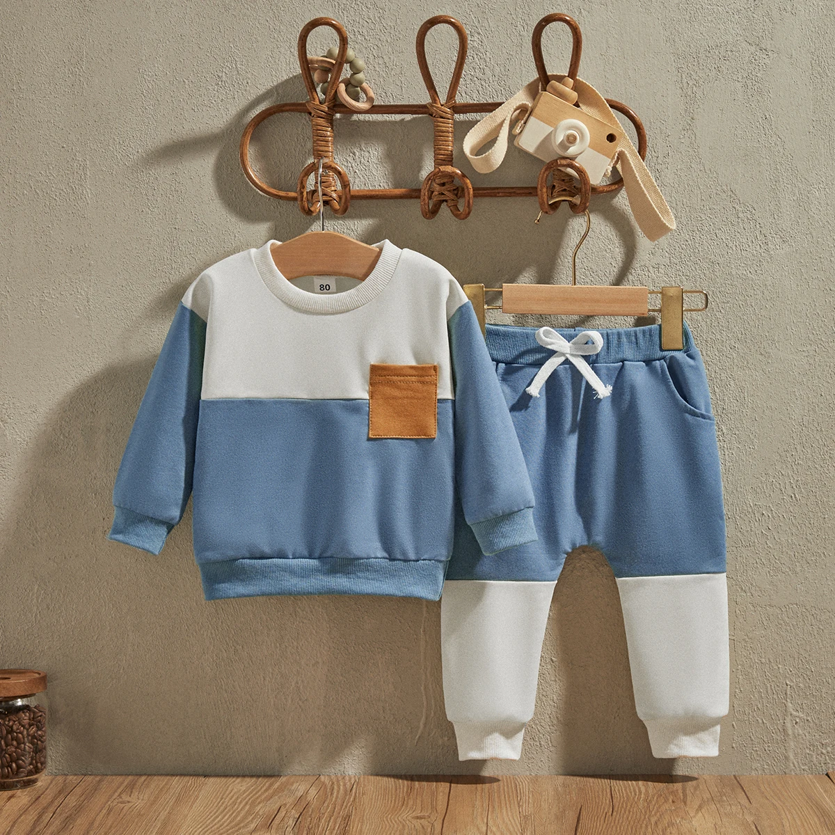 EWODOS 1-5 Years Toddler Baby Boy Clothes Color Block Long Sleeve Sweatshirt Pullover Tops Solid Pants Spring Winter Outfits Set