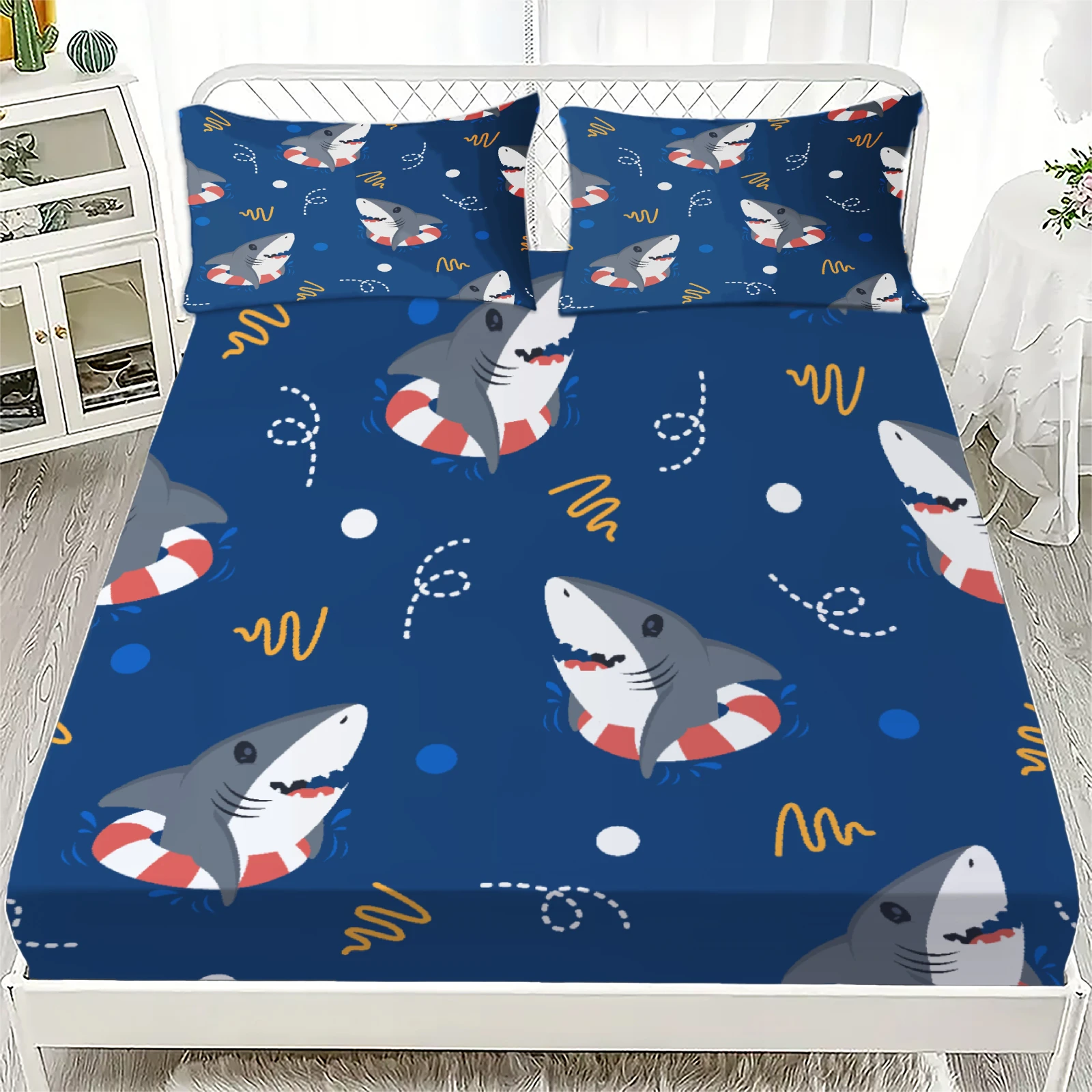 3pcs Playful Fitted Sheet Cartoon Style For Children Kids Set Shark Life Buoy Ocean Waves Printed Bed Sheet With 2 Pillowcases