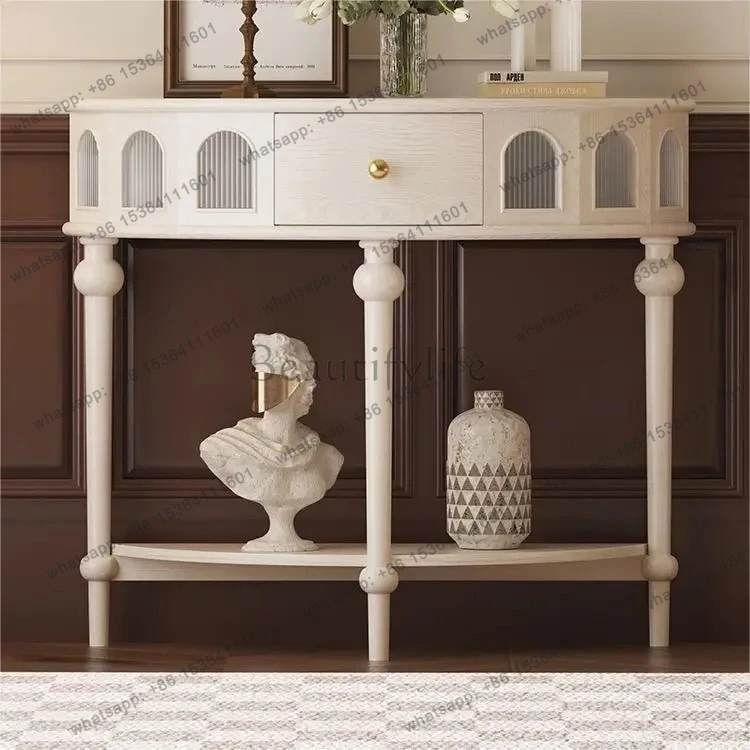 Retro Roman Column Entryway Antique Side Cabinet Entryway Hallway Light Luxury Semi-Circular Glass Sideboard