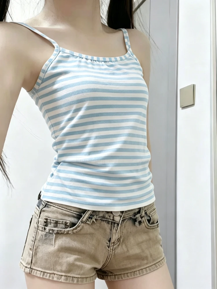 Japanese Lolita Cute Striped Camisole Women Y2K Fairy Grunge Harajuku Sweet Adjustable Strap Daily Chic Sleeveless Tops