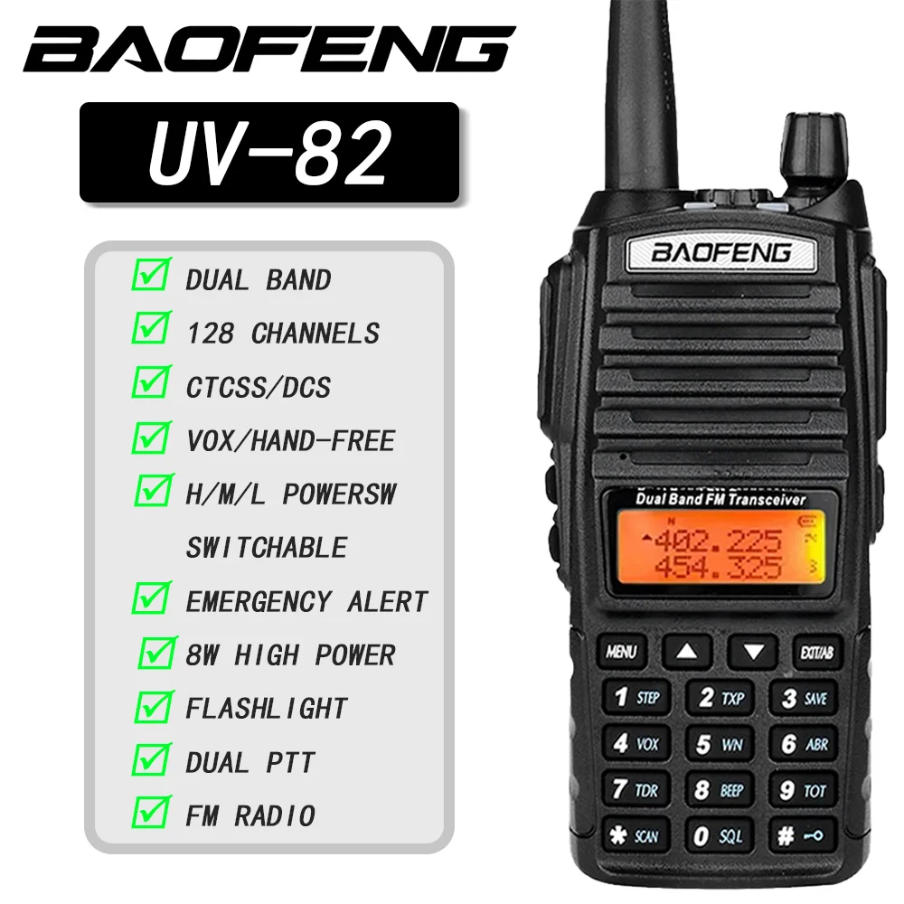 Baofeng UV-82 EU82X Dual PTT جهاز اتصال لاسلكي |   5 واط/8 واط قوة عالية |   ثنائي النطاق VHF/UHF |   نطاق 10 كجم |   راديو FM Amateur Ham CB