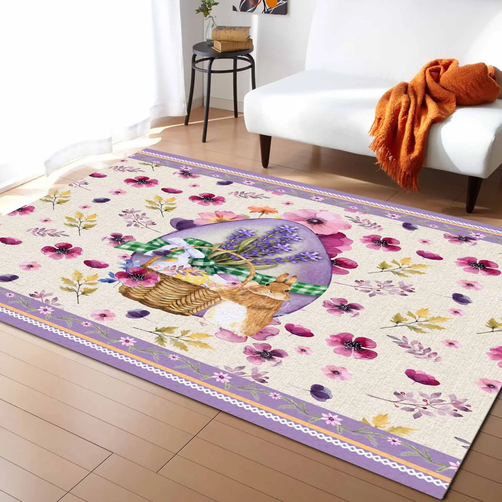 

Rabbit Easter Flower Purple Egg Living Room Floor Mat Children's Bedroom Bedside Carpet Kitchen Door