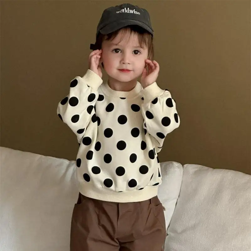 2025 Spring New Baby Long Sleeve Polka Dot Sweatshirt Cotton Infant Girl Versatile Pullover Toddler Boys Casual Loose Tops
