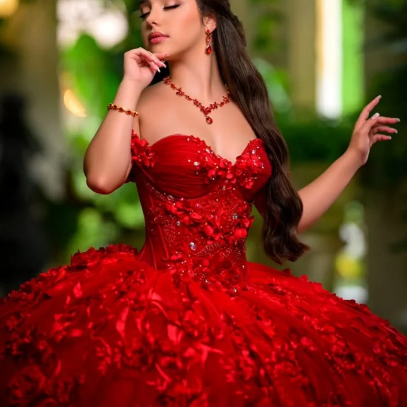 

Красное платье Quinceanera с открытыми плечами, кружевное платье с кристаллами и блестящей наклейкой, 3D цветок, платья de 15, Quinceanera ﻿ Индивидуальный