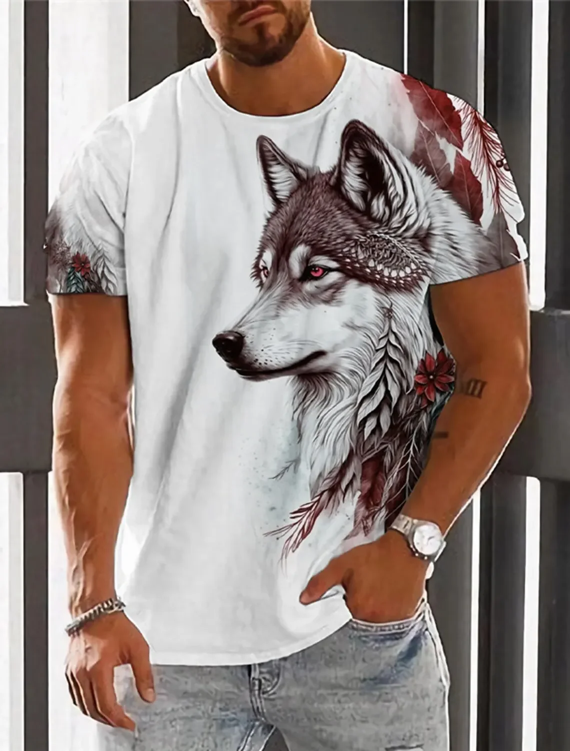 The men's T-shirt features a 3D printed graphic of a wolf, made with high quality imitation cotton for a fashionable and comfort