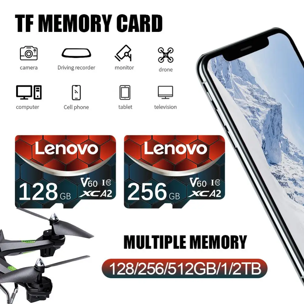 Lenovo-Micro Cartão de Memória para Nintendo Switch, Mini Cartão SD, Alta Velocidade, Cartão TF, Classe 10, V60, 128GB, 256GB, 512GB, 1TB, 2TB