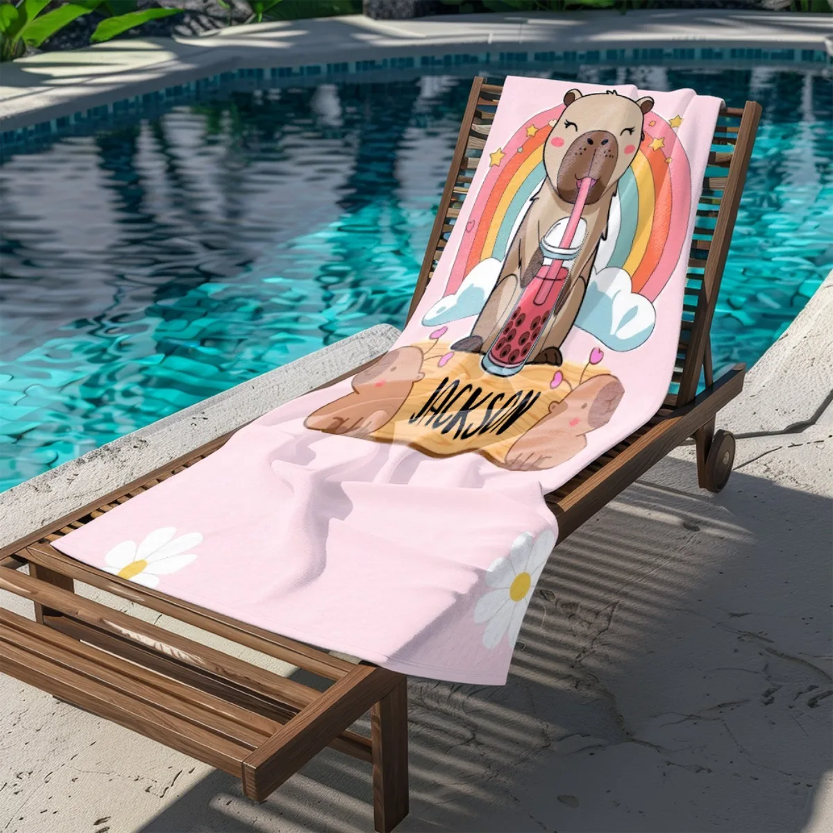 Custom Name Beach Towel Personalized Cute Capybara Bath Towels Soft Microfiber Quick Dry Swimming Pool Lounger Blanket