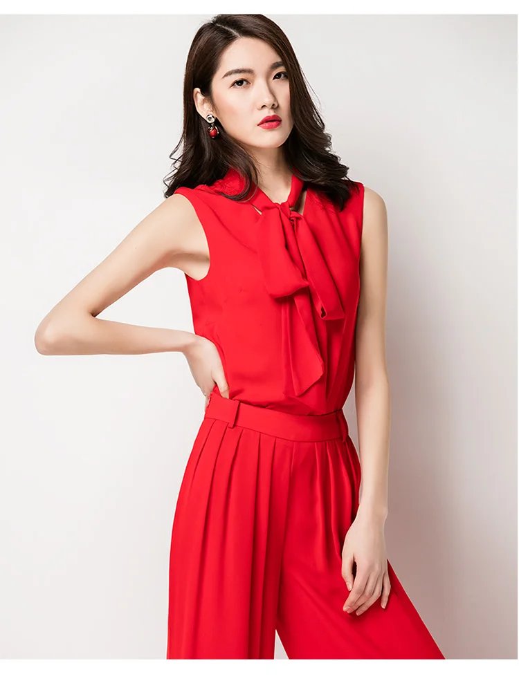 Women's Pants Suit 2023 Summer Fashion Red Sleeve Chiffon Top Wide Leg Pants Two Piece Set