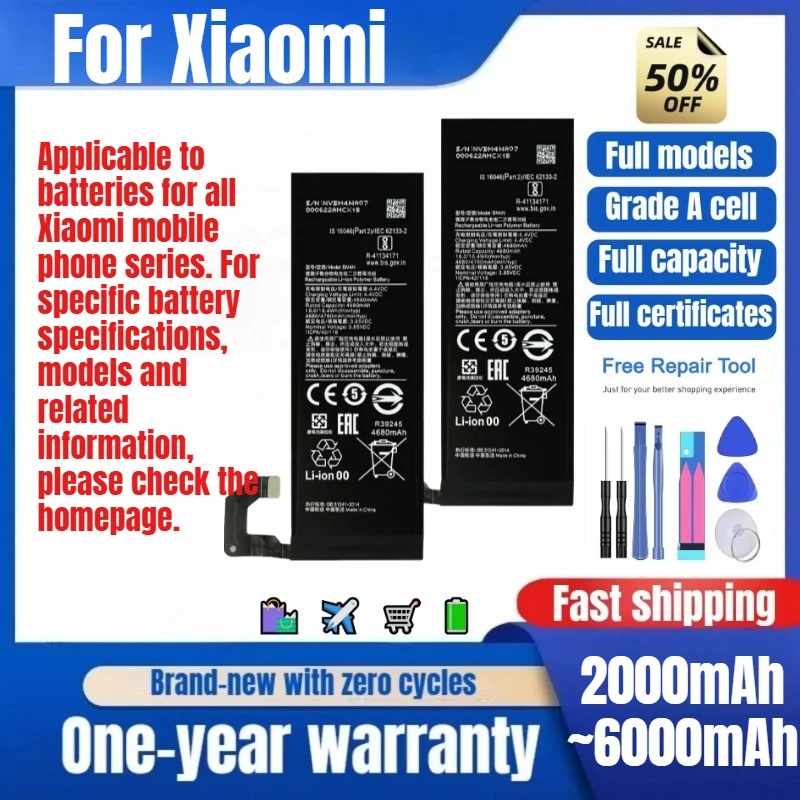 For Xiaomi 3/4/4 C/5/6/6 Plus/7/8/9 Pro/10/11/12 Phone Battery High Quality Capacity Replacement Bateria Grade A Cell with Tools