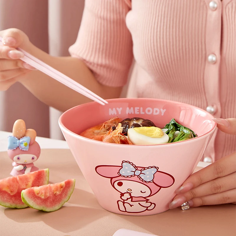 Sanrio Cinnamoroll Hello Kitty Melody Ramen Bowl Kawaii Household Set Ceramic Large Soup Noodle Bowl Dinner Cutlery Child Gifts