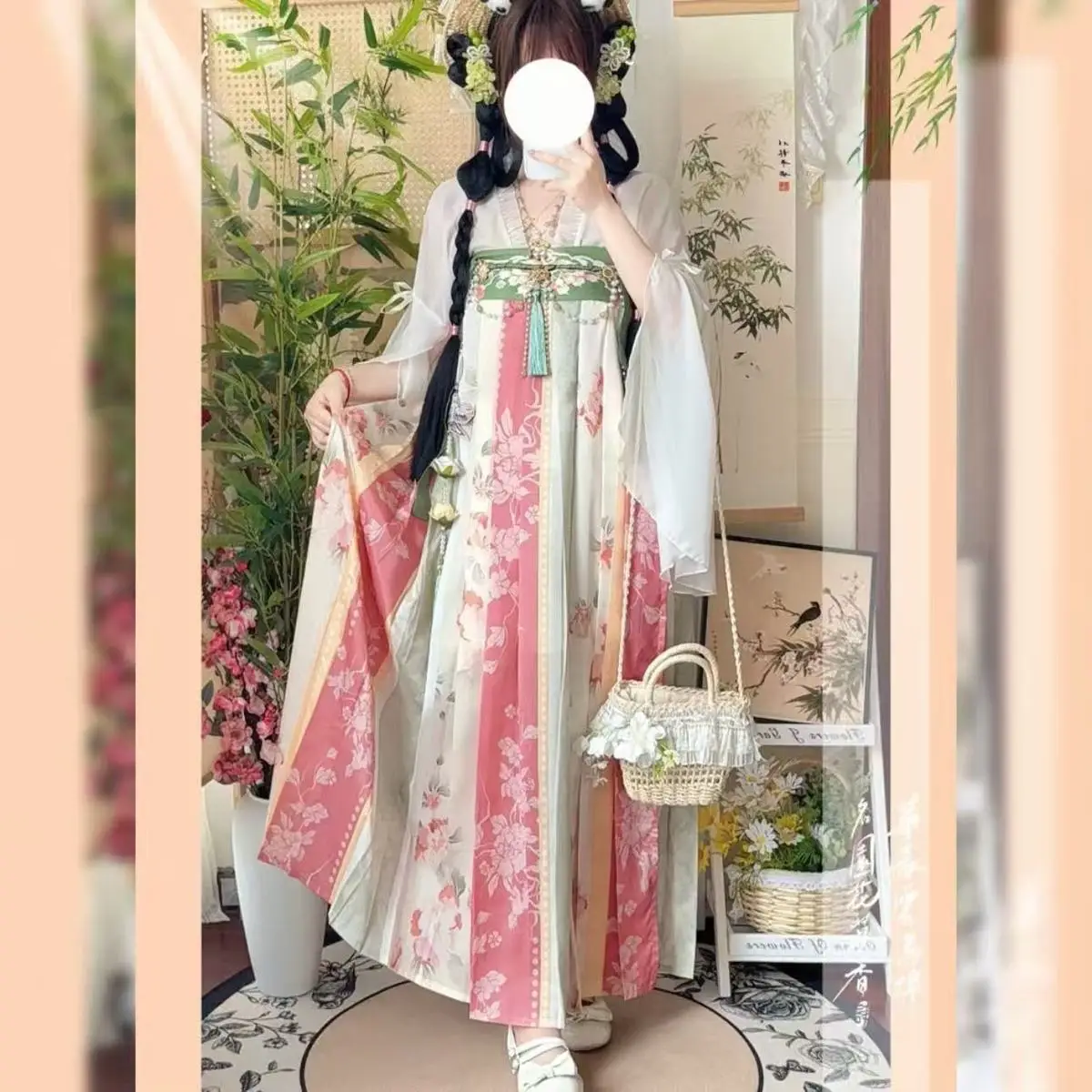 Original Hanfu Chest-High Ruqun for Women, Tang Style Han Element Printed Outfit, Spring Summer Chinese Ancient Costume Set