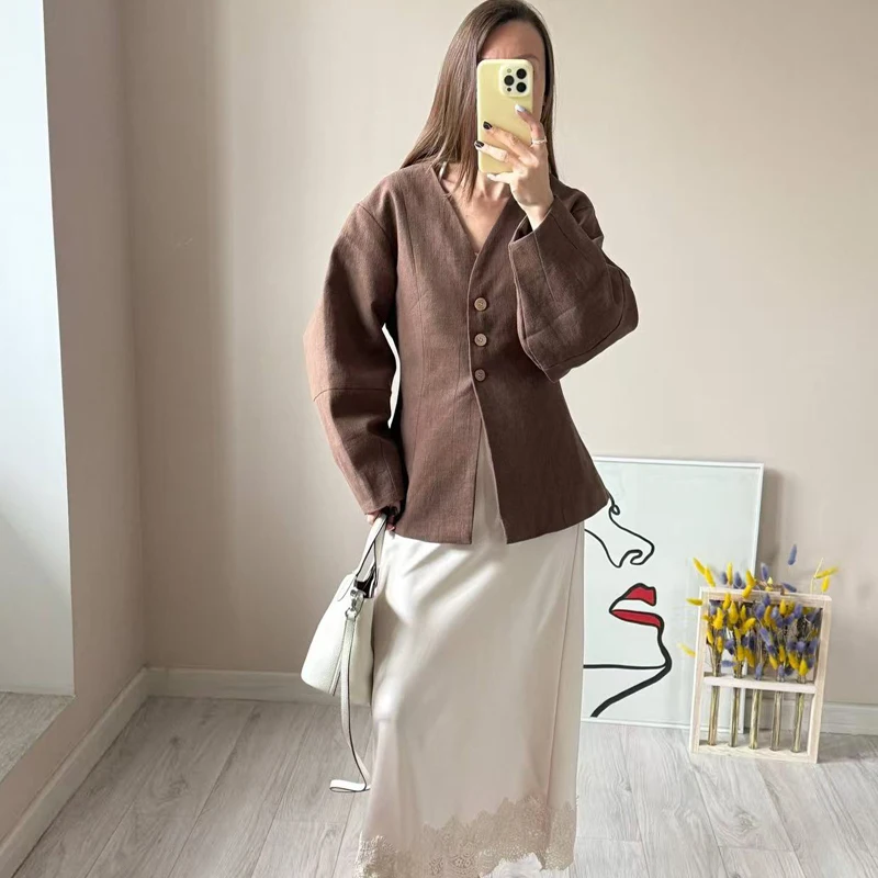 Women's Tussah Silk Blazer Jacket - Chocolate Brown