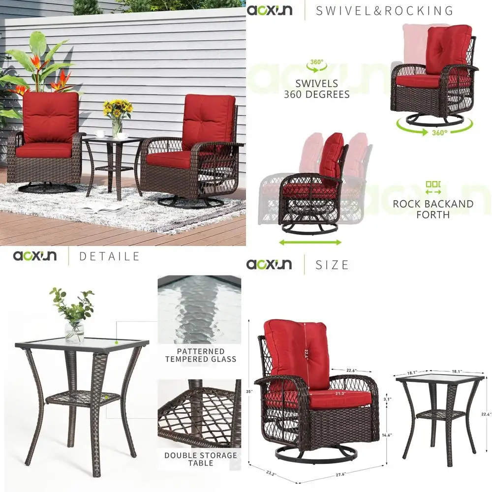 3-Piece Outdoor Patio Furniture Set with Swivel Rocking Chairs and Wicker Bistro Set Featuring Plush Cushions