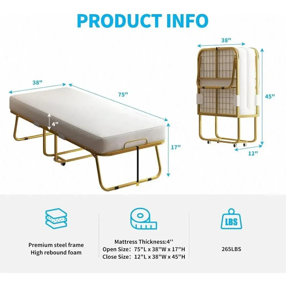 5 Inch Memory Foam Mattress, Single Rollaway Bed with Lockable Wheels, Portable and Easy Assembly, 75 x 38 Inches - Gold