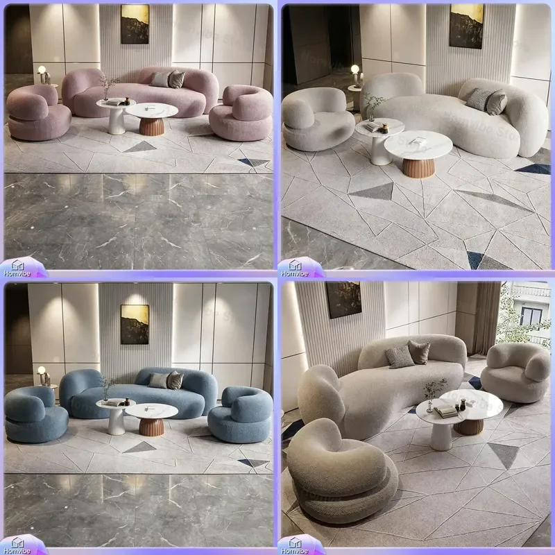 Cream Curved Fabric Sofa Lamb Wool Small Apartment Living Room Beauty Salon Clothing Store Internet Celebrity Special Shaped