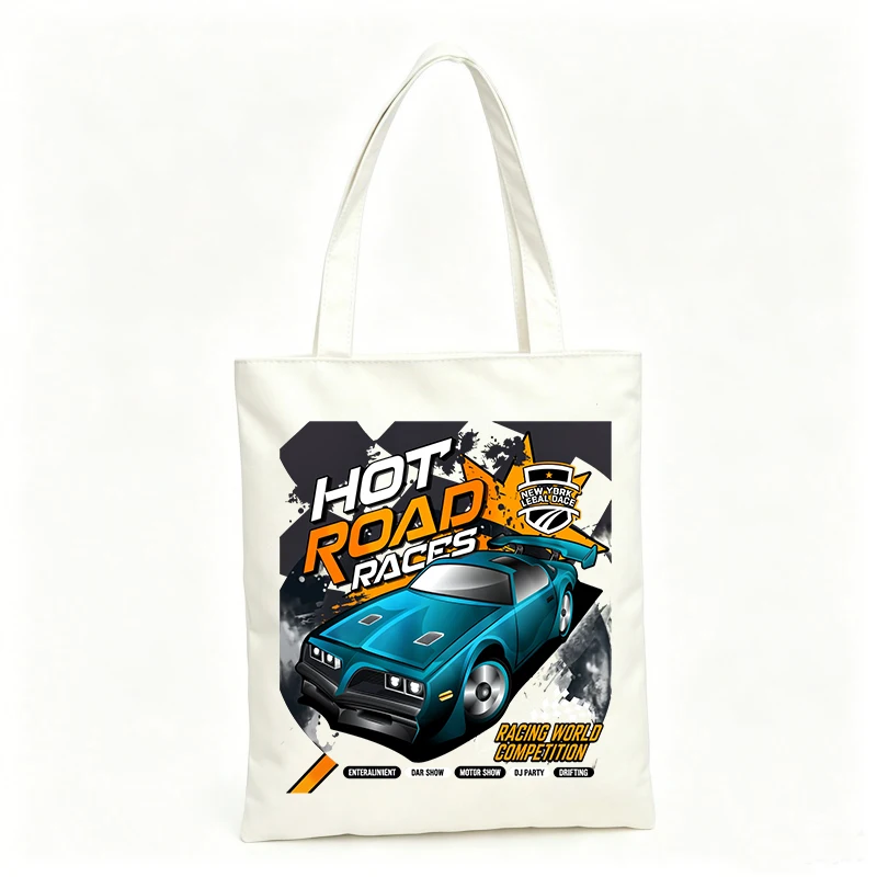 Men's racing car graphic canvas tote bag, retro style for casual outings and shopping