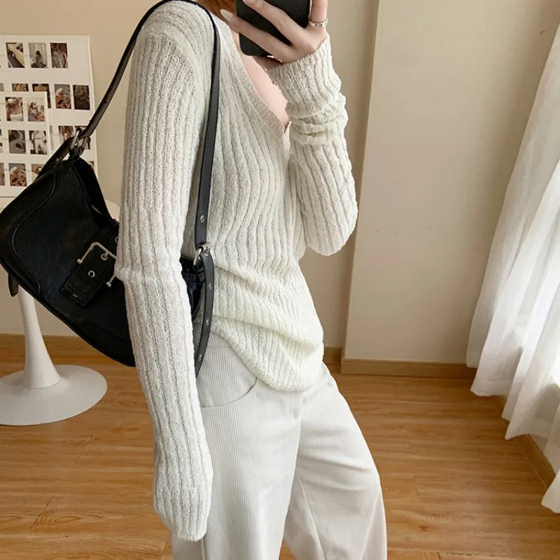 Pullovers Women Autumn Spicy Ladies Lazy Style Minimalist Sweater Tender V-neck Solid All-match Casual Ulzzang Basic Inner Cozy