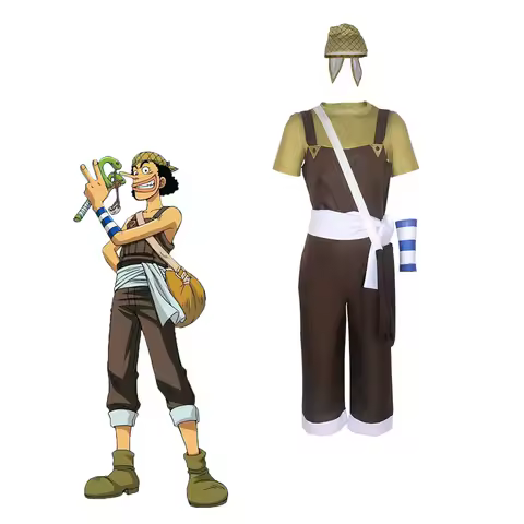 Anime Usopp Cosplay Costume Brown Rompers White T Shirt Scraft White Waist Band Bag Halloween Christmas Party Fancy Cloth