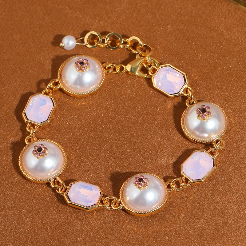 

Vintage Pink Crystal Charm Bracelet Pearl Plum Blossom Luxury Natural Stone Summer Jewelry Woman Wedding Accessories Gift 2025
