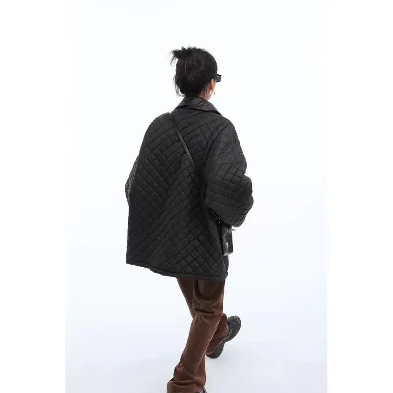 Harajuku Street Vintage Argyle Quilted Parkas Women Turn-down Collar Single Breasted Loose Casual Jacket 2024 Winter Padded Coat