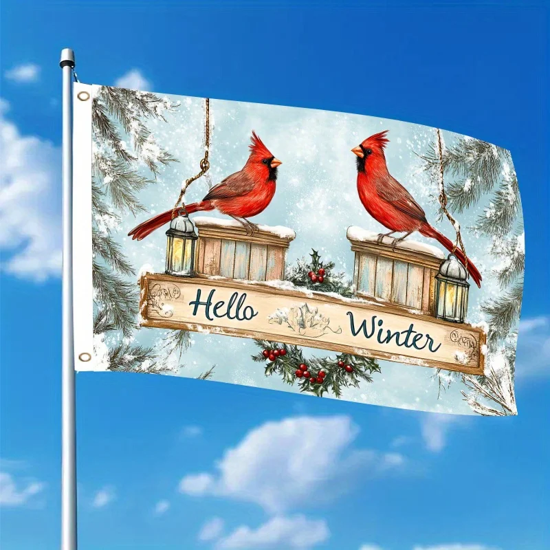 1pc Hello Winter Christmas Flag with Red Birds Pine Branches Berries 3x5ft Outdoor Decoration Single-Sided Hanging Design